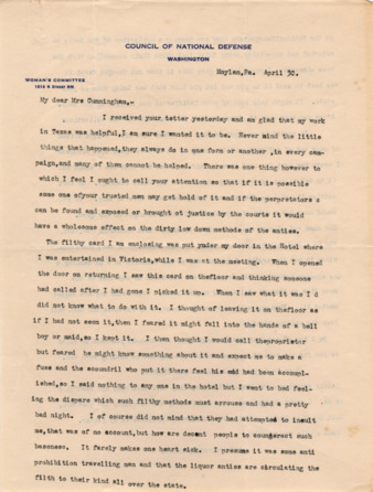 Letter from Anna H. Shaw to Mrs. Cunningham, informing the recent events of 'anties'