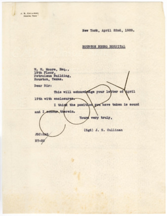 Letter from J. S. Cullinan to W. W. Moore, 1929 April 22