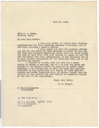 Letter from M. H. Bright to P. A. Newby, 1929 July 10
