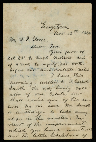 Letter from Sam Houston, Jr. to Thomas Goree regarding the estate of Sam Houston