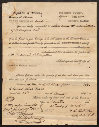 Republic of Texas District Court document for Harris County