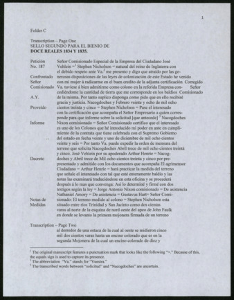 Transcript and translation of Petition for land and citizenship from Stephen Nicholson
