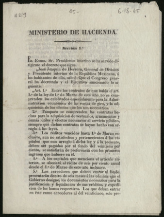 General announcement from José Joaquin de Herrera to the inhabitants of Mexico, June 18, 1845