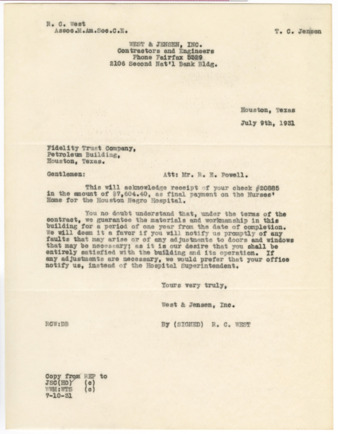 Letter from R. C. West to Fidelity Trust Company, 1931 July 9