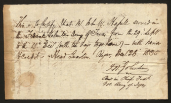 Document certifying that M. John W. Happell served in the Volunteer Army of Texas