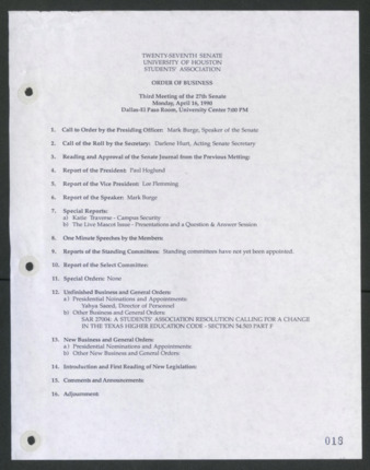 Twenty-seventh Senate, University of Houston, Students' Association, Order of Business, Third Meeting, April 16, 1990