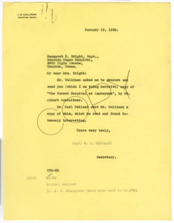 Letter from W. T. Sinclair to Margaret H. Bright, 1932 January 19
