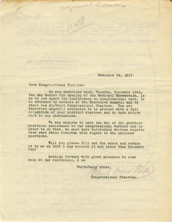 Letter from Maud Wood Park to the Congressional Chairman, 1916  November 26