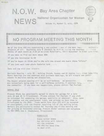 NOW News Bay Area Chapter, Vol. 2, No. 7, July 1974