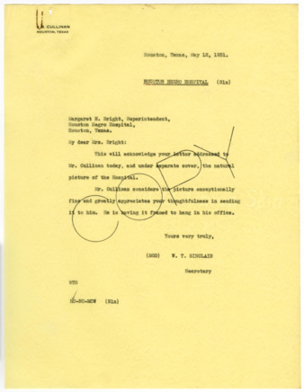 Letter from W. T. Sinclair to Margaret H. Bright, 1931 May 12