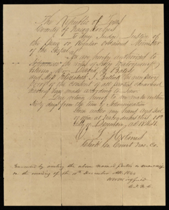 Marriage license of David E. Bates and Elizabeth I. Bullock
