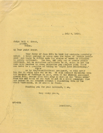 Correspondence between Minnie Fisher Cunningham and Judge Hal W. Greer, 1918 June-July