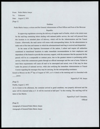 Translation of Administrative order issued by Pedro Maria de Anaya, Administrator of Post Office Department in Mexico, August 2, 1851