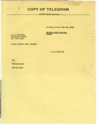 Telegram from W. T. Sinclair to J. S. Cullinan, 1926 June 18