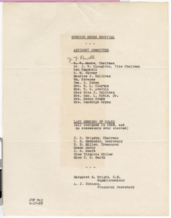 List of the administrative staff of the Houston Negro Hospital