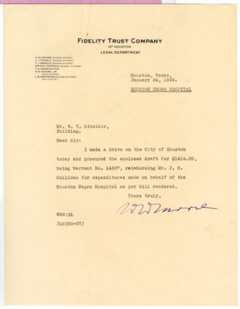 Letter from W. W. Moore to W. T. Sinclair, 1929 January 24