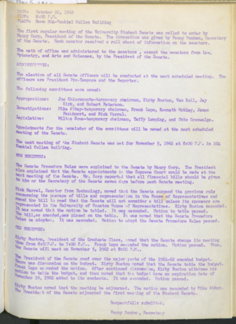 Hardbound Senate Journal, Student Senate, Minutes, October 22, 1962