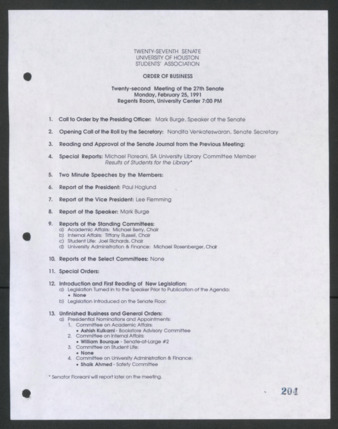 Twenty-seventh Senate, University of Houston, Students' Association, Order of Business, Twenty-second Meeting, February 25, 1991