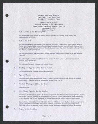 Thirty-fourth Senate, University of Houston, Students' Association, Order of Business [Minutes], Sixteenth Meeting, December 5, 1997