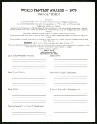 World Fantasy Awards 1979, Reader Ballot