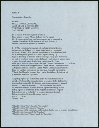 Transcription and translation of Petition for land by Captain Diego Gonzales