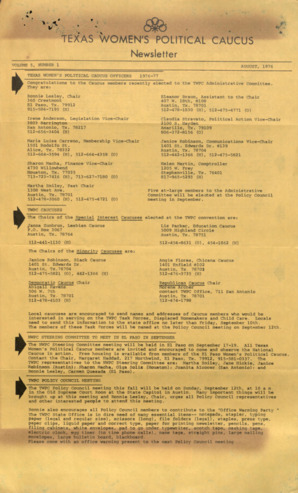 Texas Women's Political Caucus Newsletter, Vol. 5, No. 1, August 1976