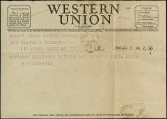 Western Union Telegram from Capt. O. C. McDavid to George McDavid [Gene McDavid], 1944 July 7