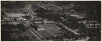 Wide aerial view of the Cullen Family Plaza and M.D. Anderson Library