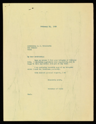 Letter from Governor James V. Allred to Archbishop Arthur Drossaerts, 1938 February 19