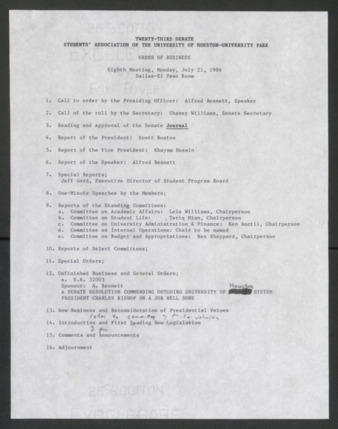 Twenty-third Senate, Students' Association of the University of Houston-University Park, Order of Business [Agenda], Eighth Meeting, July 21, 1986