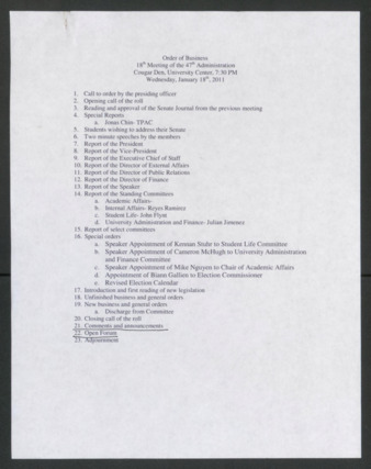 Order of Business, 18th Meeting of the 47th Administration, January 18-19, 2011