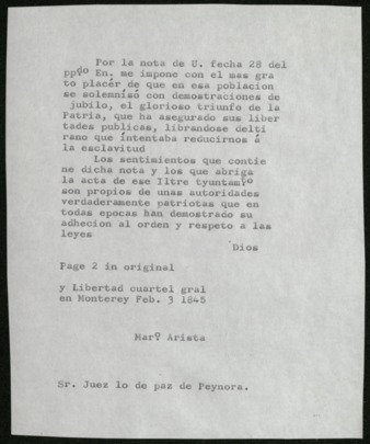 Transcript of Letter from General Mariano Arista to Reynosa's Justice of the Peace, 1845 February 3