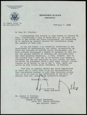 Letter from Sumner Welles to Alonso S. Perales, 1943 February 2