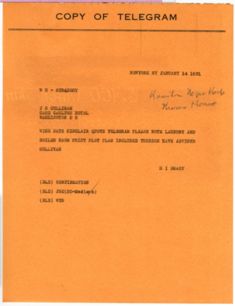 Telegram from H. I. Brady to J. S. Cullinan