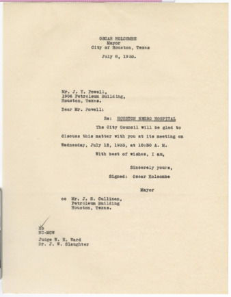 Letter from Mayor Oscar Holcombe to J. Y. Powell, 1933 July 8