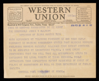 Telegram from Cordell Hull to Governor James V. Allred, 1938 February 22