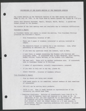 Senate Journal, Twentieth Senate, University of Houston Student Government Association, Minutes, Eighth Meeting, July 18, 1983