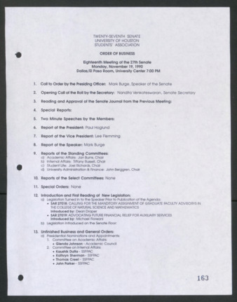 Twenty-seventh Senate, University of Houston, Students' Association, Order of Business, Eighteenth Meeting, November 19, 1990