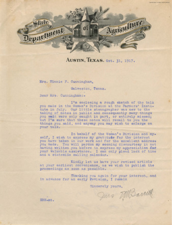 Correspondence between Minnie Fisher Cunningham and Mrs. E. M. Barrett