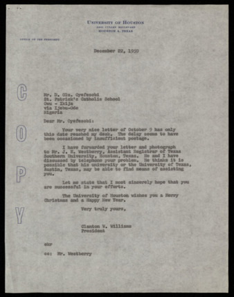 Letter from Clanton W. Williams to D. Olu. Oyefesobi, informing him that his letter and photograph was referred to Texas Southern University