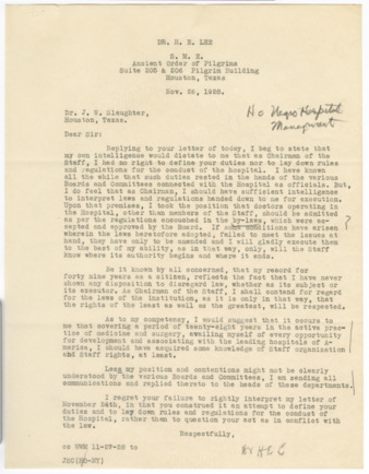 Letter from Dr. H. E. Lee to Dr. J. W. Slaughter, 1928 November 26
