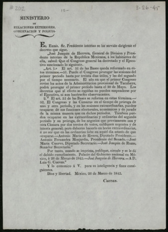General announcement from José Joaquin de Herrera to the inhabitants of Mexico, March 26, 1845