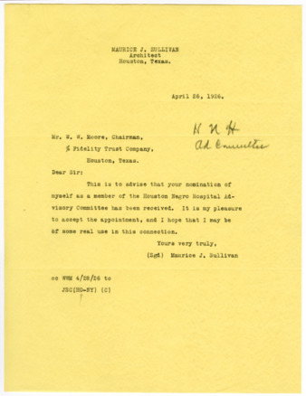 Letter from Maurice J. Sullivan to W. W. Moore, 1926 April 26