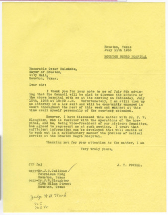 Letter from J. Y. Powell to Mayor Oscar Holcombe, 1933 July 11