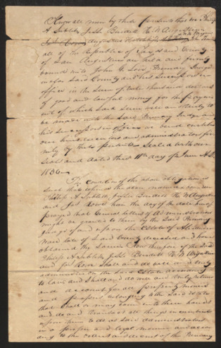 Court document regarding administration bond of P. A. Sublett, J. Burditt, G. W. Augustus, A. Hotchkiss, J. Thomas, and W. Payne