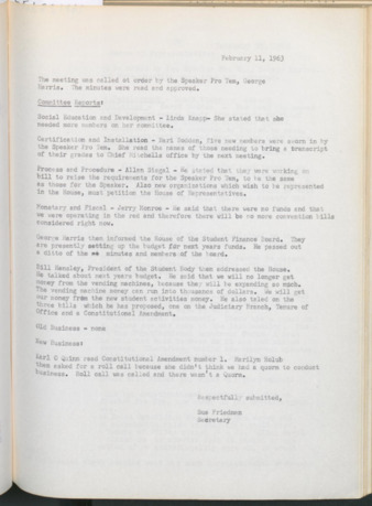 Hardbound Senate Journal, House of Representatives, Minutes, February 11, 1963