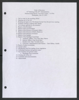 Order of Business [Agenda], 10th Meeting of the 46th Administration, July 22, 2009