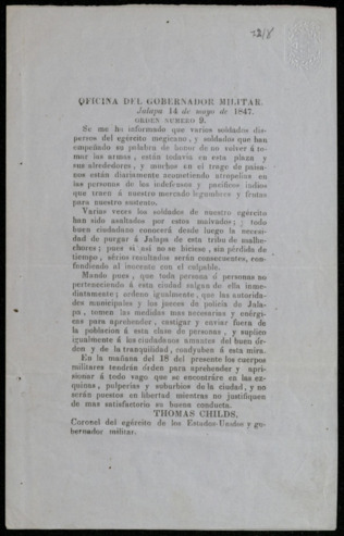 Orden Numero 9, Oficina del Gobernador Militar, Jalapa