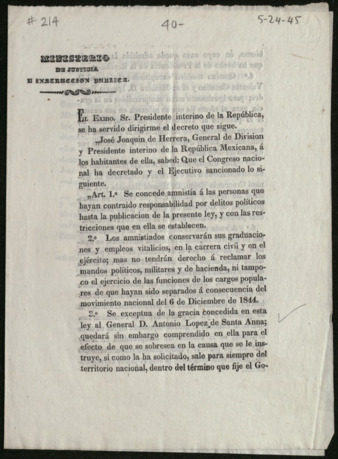 General announcement from José Joaquin de Herrera to the inhabitants of Mexico, May 24, 1845