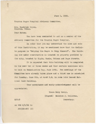 Letter from Maurice J. Sullivan to Mrs. Randolph Bryan, 1926 June 1